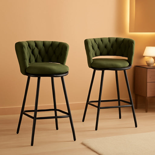 Bar Stools Set of 2 Upholstered Kitchen Counter Height Barstool Green | Chenille Fabric Foam Cushion with Woven Back, 28.8" High Comfy Modern & Farmhouse Swivel Breakfast Bar Islands Chairs, 300Lb