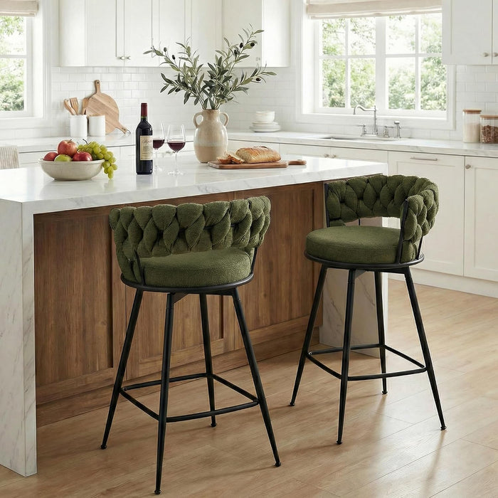 Bar Stools Set of 2 Upholstered Kitchen Counter Height Barstool Green | Chenille Fabric Foam Cushion with Woven Back, 28.8" High Comfy Modern & Farmhouse Swivel Breakfast Bar Islands Chairs, 300Lb