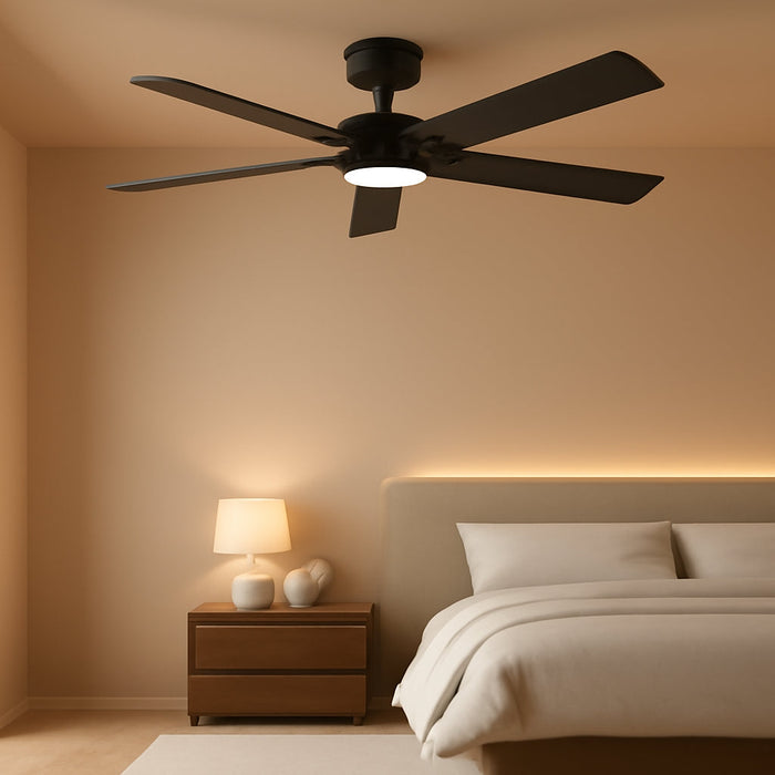 52 Inch Ceiling Fan with Lights and Remote, Downrod Mount, Sloped Ceiling Compatible up to 15°, Quiet Reversible DC Motor, 3CCT Dimmable LED, Black Ceiling Fan for Bedroom Living Room