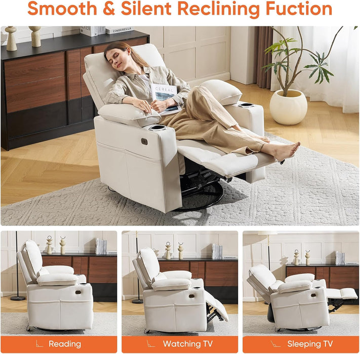 270° Swivel Rocker Recliner with Adjustable Armrests,Oversized Power Nursery Recliner with Heating and Massgae,Rocking Chair Nursery with One-Touch Reset,Double Cup Holder,Faux Leather,Beige