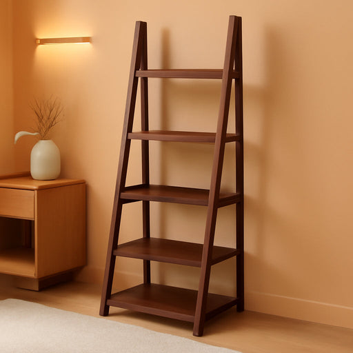 Ladder Bookshelf Organizer, 5-Tier, Solid Rubberwood Frame, Walnut Finish, 14" D X 24.8" W X 70.1" H