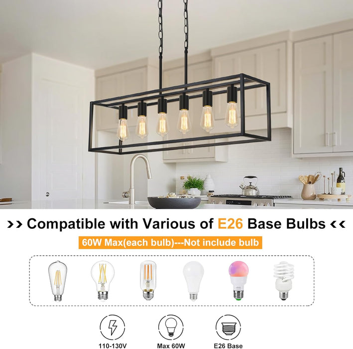 6 Light Black Chandeliers for Dining Room, Adjustable Height Linear Chandelier Kitchen Light Fixture, Modern Farmhouse Chandelier Rectangle Island Light for Kitchen Hanging Light Fixtures