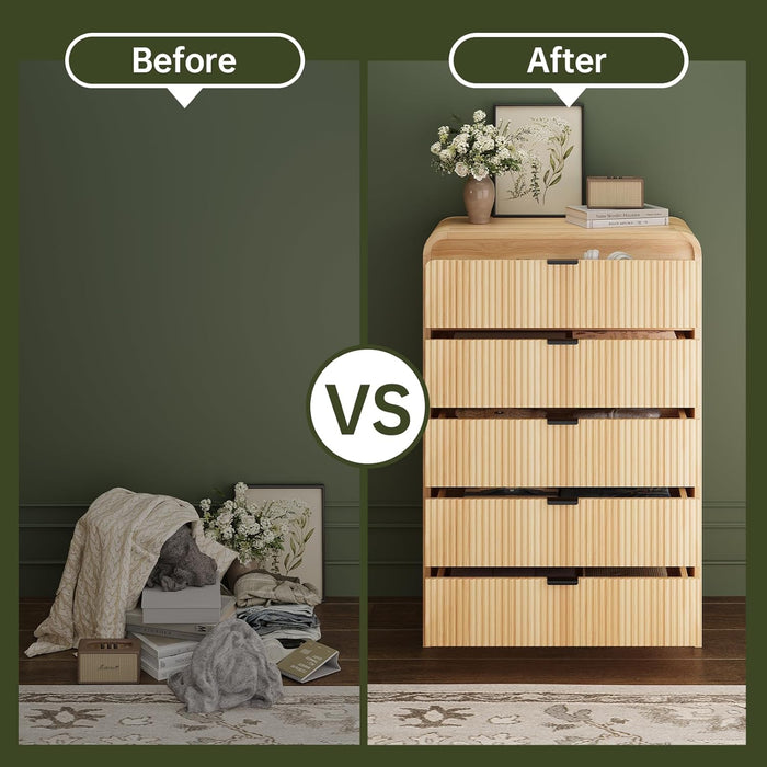 Fluted 5 Drawers Dresser for Bedroom, 48" Tall Wooden Modern Dresser with Metal Handle, Curved Profile Design, Storage Organizer for Bedroom, Hallway (Natural Oak)