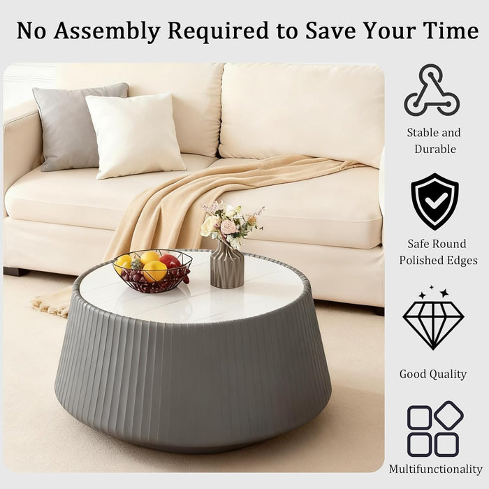 Grey round Coffee Table with Sintered Stone Tabletop, 26.77" Drum Coffee Table with Fluted PU Leather Covered and Stable Base, Circle Cocktail Tea Table for Living Room