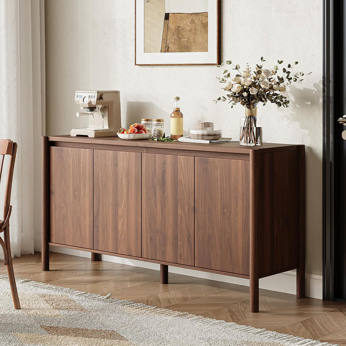 59 Inch Walnut Buffet Cabinet, Mid Century Wood Sideboard Storage | 4 Doors and Adjustable Shelves, Solid Wood round Legs. Ideal for Kitchen, Living Room, Coffee Bar, Dining Room.