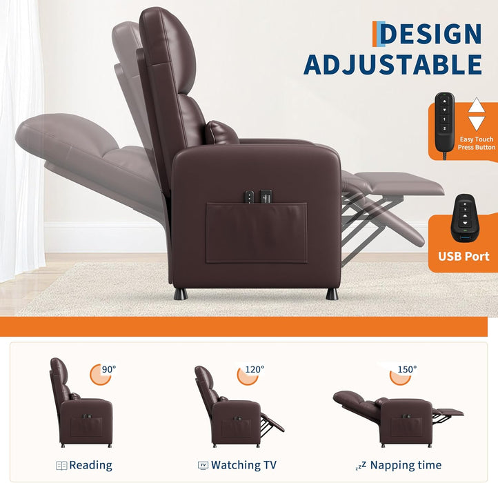 Power Recliner Chair - Heat and Massage, Adjustable Electric Recliner Ergonomic PU Leather Single Sofa, Tall Back, Padded Seat, Home Theater Seating for Living Room