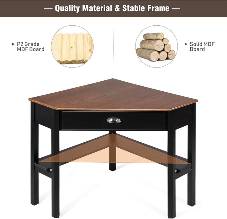 Corner Desk, Writing Corner Computer Table with Drawer for Small Space, Wood Makeup Vanity Desk, Small Corner Desk with Shelves, Office Study Workstation (Brown)