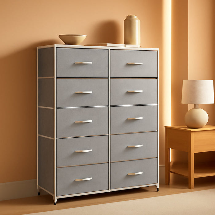 Tall Dresser for Bedroom with 10 Drawers, Chest of Drawers, Dressers Bedroom Furniture, Storage Organizer Unit with Fabric Bins for Closet, Hallway, Living Room, Entryway, Light Grey