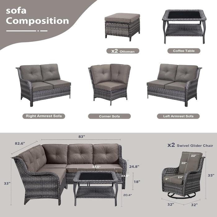 8 Piece Patio Furniture PE Wikcer Outdoor Furniture Set with Sectional Sofa Swivel Patio Chairs Ottomans and Glass Coffee Table for Yard,Garden,Lawn