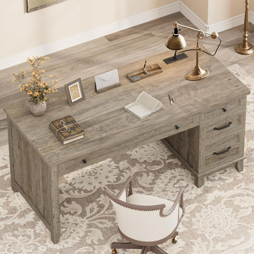 53.5" Farmhouse Computer Desk with Charging Station, Rustic Black Home Office Executive Desk, Wooden Workstation with File Cabinet Storage Drawers for Writing & Study, Rustic Gray