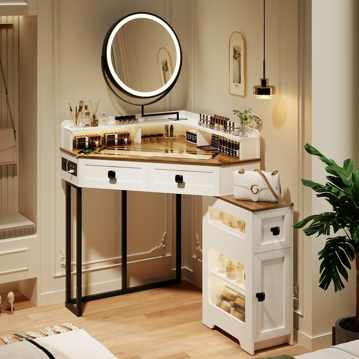 Corner Vanity with Mirror and Lights,Modern Makeup Vanity Set with Charging Station for Bedroom/Cloakroom,Glass Top Vanity Table with Drawers and Shelves,White