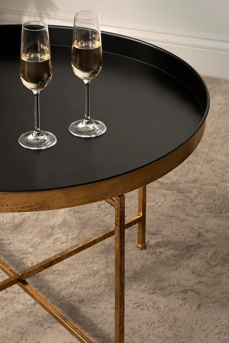 Celia Modern round Coffee Table; 28 X 28 X 19; Black and Gold; Coffee Table for Living Room Decor; Storage; and Display