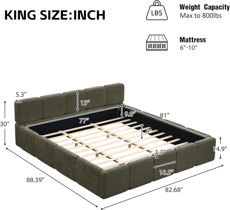 King Size Boucle Platform Bed with Thick Headboard and Footboard, Block Style Upholstery Floor Bed Frame, Green