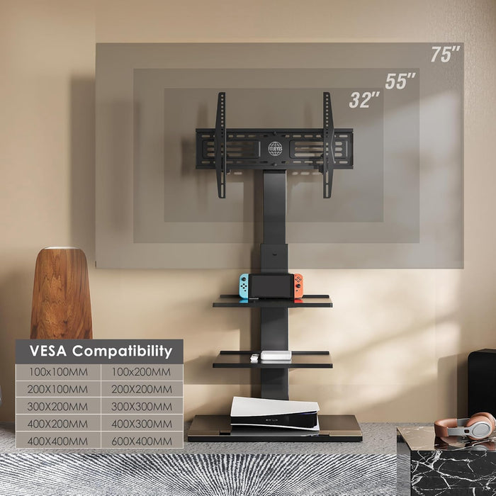 Iron Base Universal Floor TV Stand with Swivel Tilt, TV Mount Stand for 32-75 Inch Screens, Corner TV Stand with Height Adjustable Entertainment Shelves (Black)