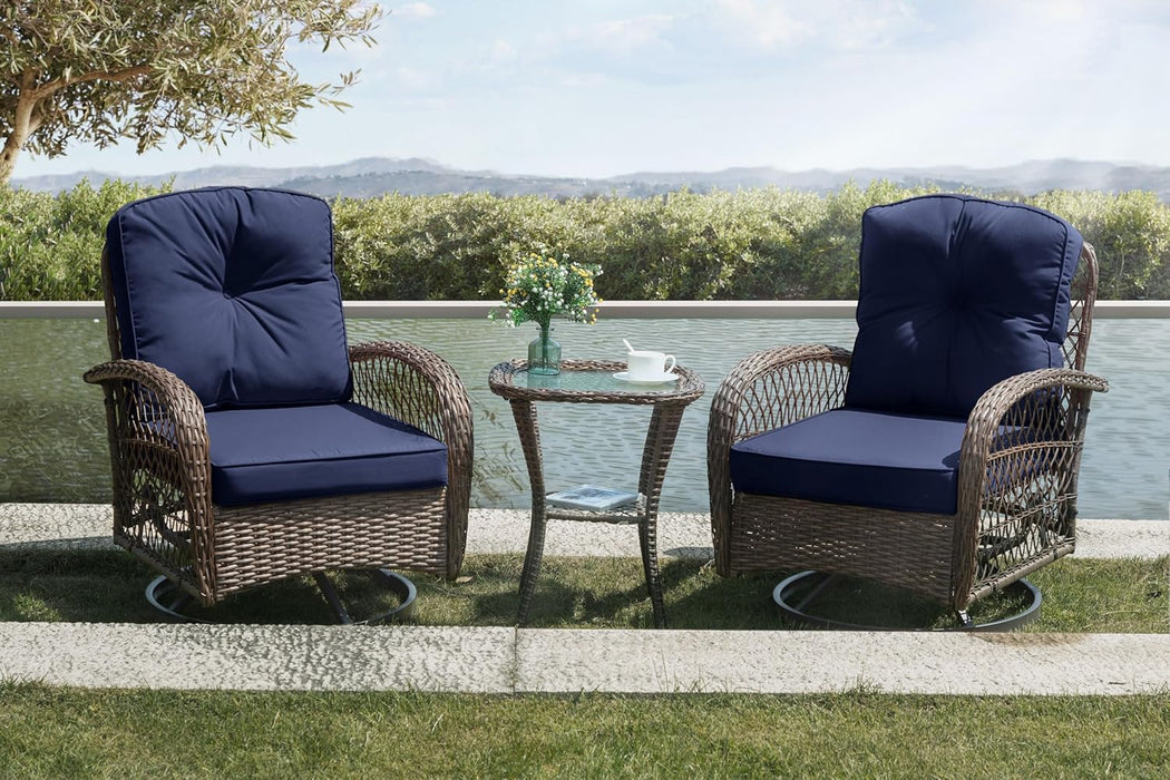 3 Pieces Patio Furniture Set, Outdoor Swivel Glider Rocker, Wicker Patio Bistro Set with Rocking Chair, Cushions and Table (Blue)