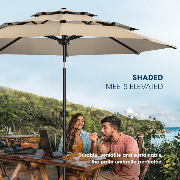 10Ft 3-Tier Patio Umbrella Outdoor Table Market Umbrella for Patio with Push Button Tilt/Crank, Fade Resistant Waterproof POLYESTER Canopy for Garden, Lawn, Deck, Backyard & Pool, Beige