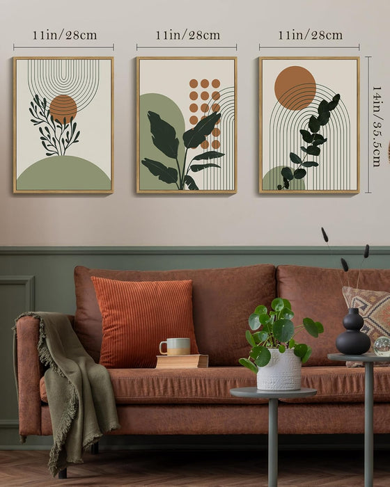 Boho Plant Wall Art Green Botanical Bohemain Framed Wall Printing 11X14In Abstract Canvas Prints with Leaf & Sun Lines - Natural Framed