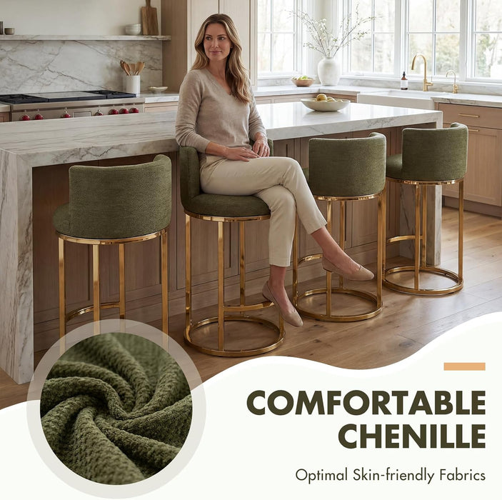 Counter Height Bar Stools Set of 2, Chenille Upholstered Barstools with Back, Modern Barrel Counter Stools for Kitchen Island with Gold Metal Frame, Green