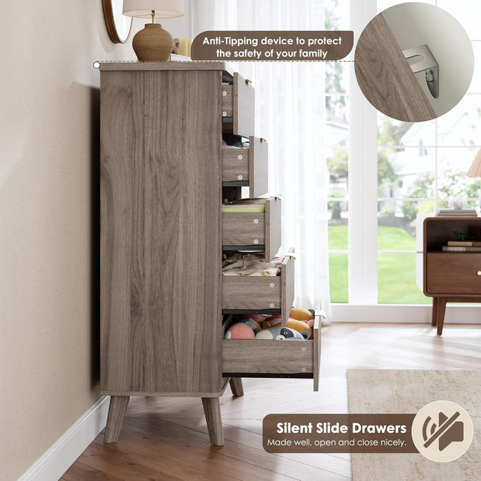 Fluted Dresser for Bedroom with 5 Deep Drawers, 47.2 in Tall Chest of Drawers, Curved Profile Design, Modern Wooden Dresser, for Living Room, Kids Room, Hallway, Grey