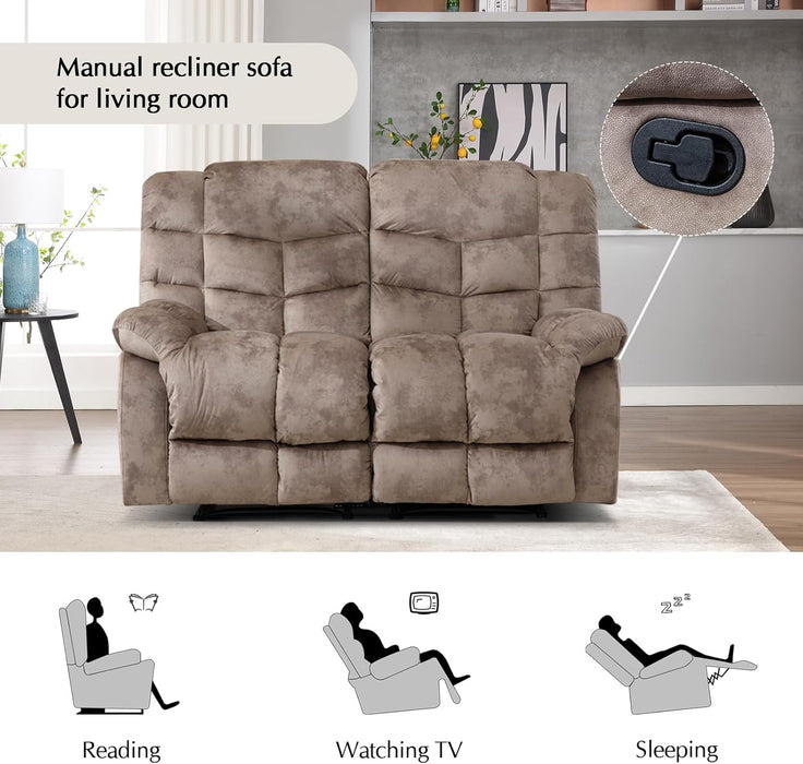 Manual Loveseat Recliner, 2 Seat Recliner Sofa Chair with Armrest and Overstuffed Backrest, Couch Set for Living Room, Bedroom, Office, Light Brown