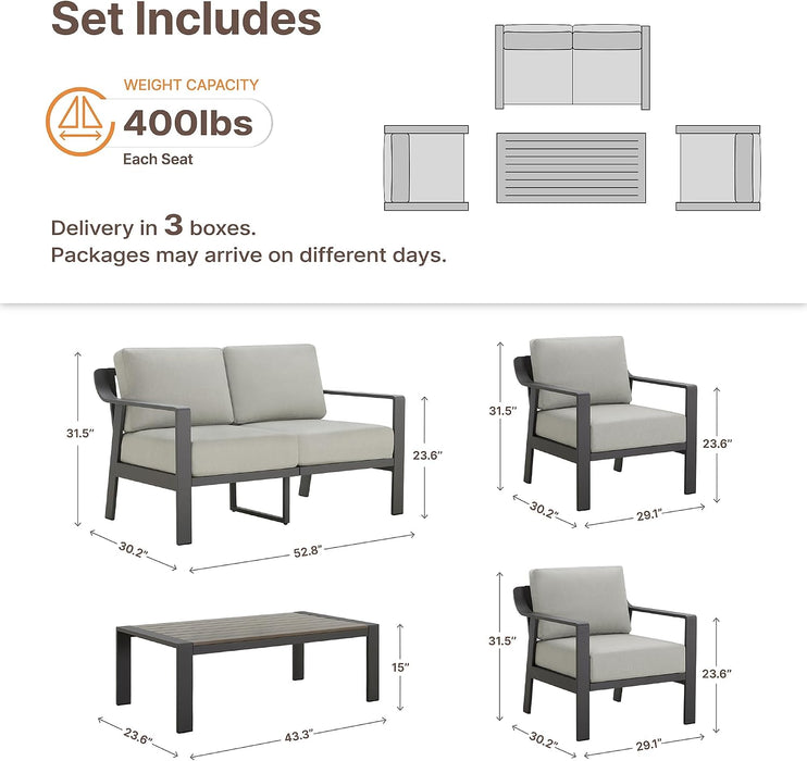 Aluminum Outdoor Patio Furniture Set with Coffee Table,4 Seater Patio Conversation Sets with Washable Thick Cushions,Outdoor Sectional Furniture Set for Poolside, Balcony,Gray Aluminum Frame