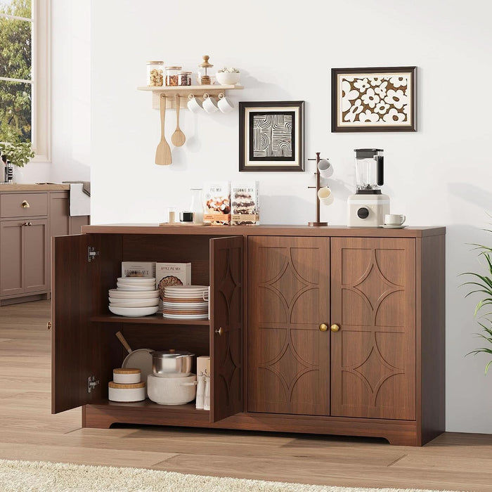 Farmhouse Brown Buffet Sideboard Cabinet with Storage - 55" Credenza, 4 Doors, Adjustable Shelves - Modern Console Table for Kitchen, Dining Room, Living Room, Coffee Bar, Brown