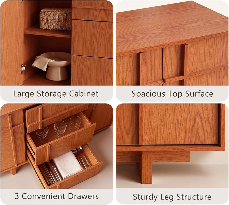 47.2" Buffet Cabinet with Storage, Skeleton Line Design, Cherry | Sideboard with Drawers, Mid Century Modern Accent Cabinet with Wood Gain, Console Cabinets for Living Dining Room Entryway