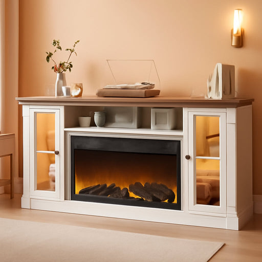 Farmhouse Fireplace TV Stand up to 80" Tvs, 70" Modern Highboy Entertainment Center with 36" Electric Fireplace & LED Lights, Media Console with Adjustable Shelves for Living Room, Antique White