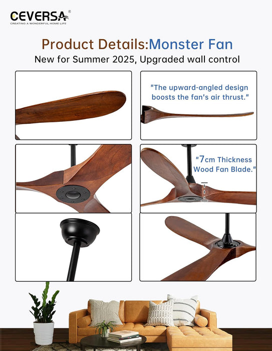 72 Inch Outdoor Ceiling Fan No Light,Solid Wood Ceiling Fans without Lights with Remote Control/Wall Control,Large 3 Blades Walnut Propeller for Patio,Porch,Living Room,Bedroom,Farmhouse