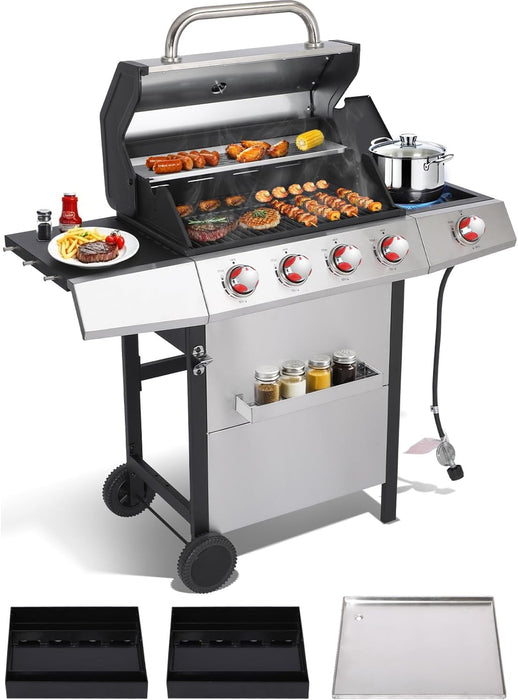 5-Burner Propane Gas Grill W/Side Burner & Charcoal Tray, 4-In-1 Outdoor BBQ Griddle Combo, Heavy Duty Stainless Steel Double Lid, 448 Sq in Cast Iron Cooking Surface for Backyard Patio