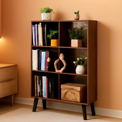 Cube Bookshelf 3 Tier Mid-Century Rustic Brown Modern Bookcase with Legs,Retro Wood Bookshelves Storage Organizer Shelf,Freestanding Open Book Shelves for Bedroom,Living Room,Office