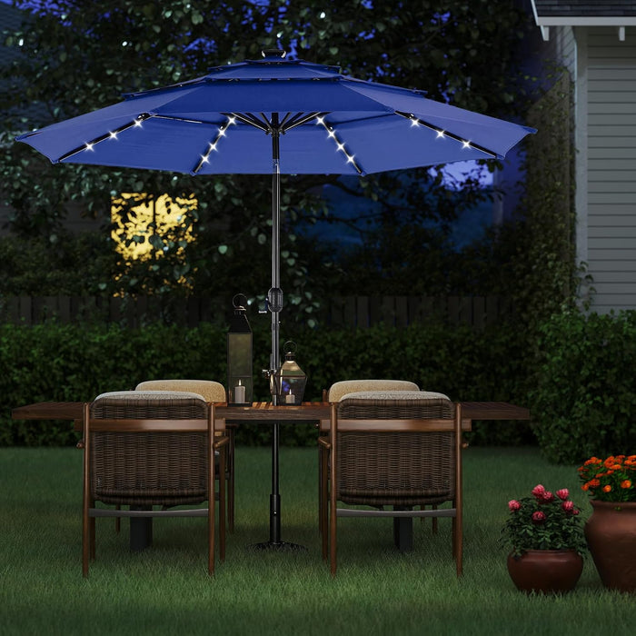 Outdoor Solar Patio Umbrella 3 Tiers with 32 LED Lights, Beach Market Table Umbrella with Crank and 8 Sturdy Ribs for Pool, Terrace, Restaurant