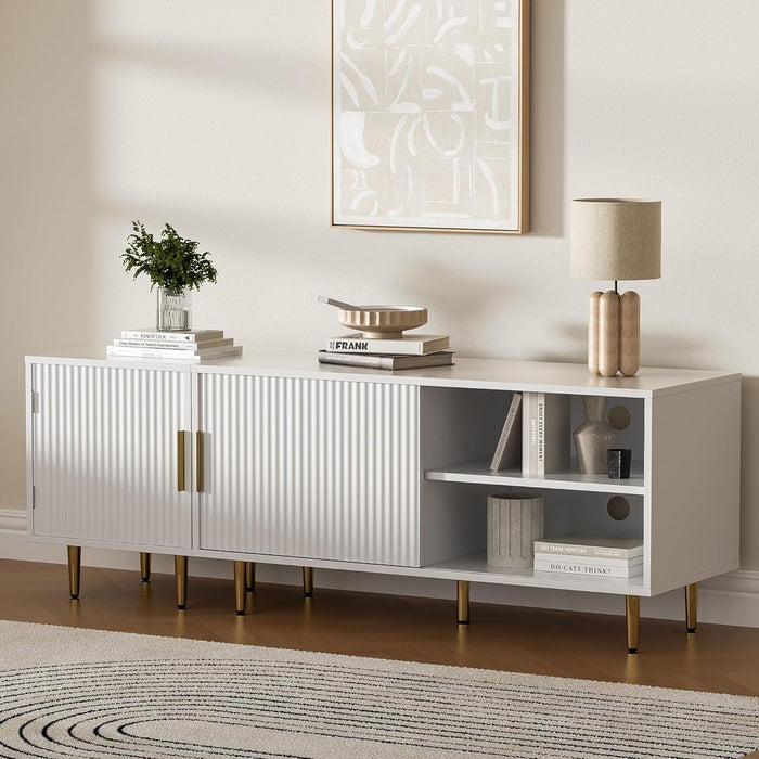 Combined Modern TV Stand for 55/60/65 Inch TV, Small Entertainment Center with Adjustable Shelf, TV Media Stand with Storage Cabinet, TV Console with Gold Legs for Living Room, Bedroom, White