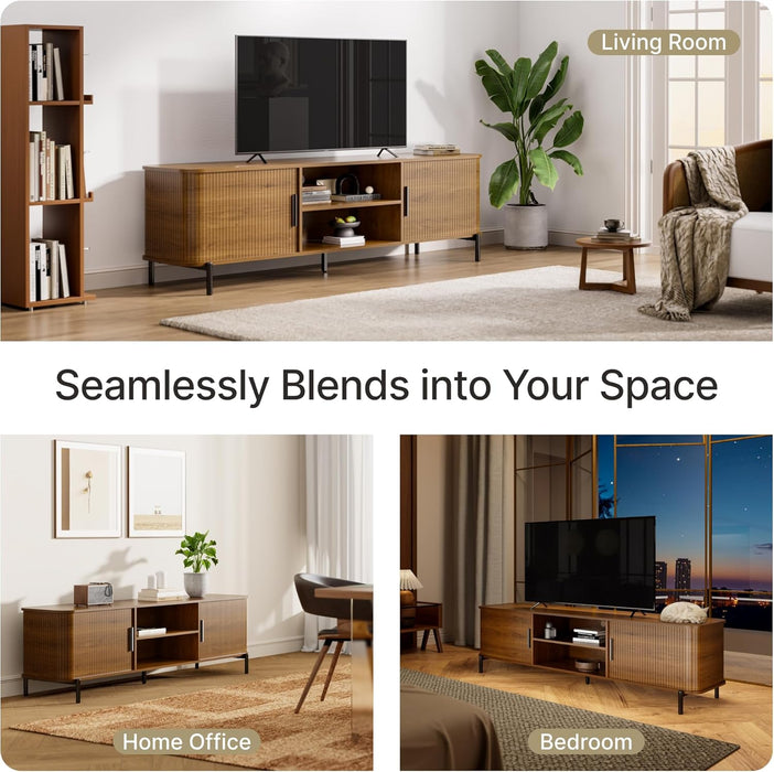 70" Mid-Century Fluted TV Stand with Storage, Modern Entertainment Centerfor Tvs up to 80 Inch with Sliding Tambour Doors & Open Shelves, Media Console for Living Room or Bedroom (Walnut)