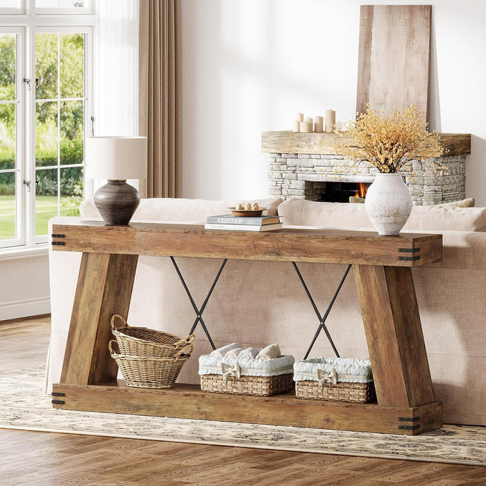 70.9" Farmhouse Console Table, Long Sofa Table behind Couch with Storage, Narrow Wooden Console Station, Industrial Rustic Entryway Furniture for Hallway, Entry, Living Room, Brown