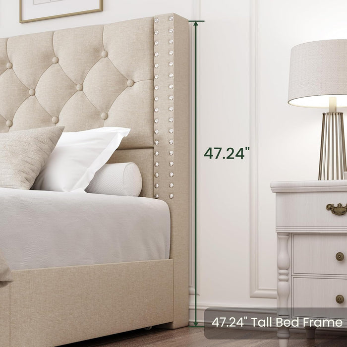 Queen Size Bed Frame with 4 Storage Drawers and Tufted Headboard Linen Upholstered Platform Bed Frame with Heavy Duty Wood Slats, No Box Spring Needed, Easy Assembly, Beige