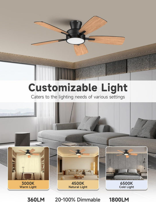 Ceiling Fans with Lights and Remote, 46 Inch Low Profile Ceiling Fan with Light, Flush Mount, Reversible, 3CCT, Dimmable Black Modern Ceiling Fan for Bedroom, Living Room, Outdoor Patio