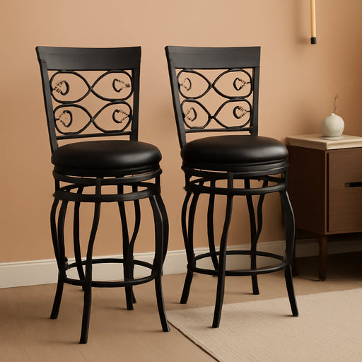 26" Swivel Bar Stools Set of 2, Counter Height Bar Stools with Back, Upholstered PU Leather Seat, Footrest, Max Load 330Lbs, Vintage Metal Barstools for Kitchen Island, Dining Room, Pub, Black
