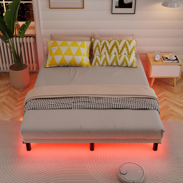 Full Bed Frame with LED Lights, 7 Inch Heavy Duty Metal Base for Box Spring