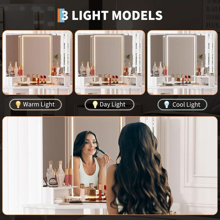 Corner Vanity Desk and Stool, Corner Makeup Vanity with LED Lighted Mirror Charging Station and Cabinet for Bedroom, White