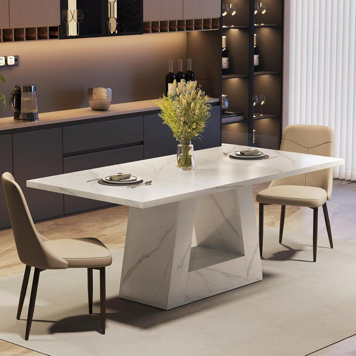 Dining Table for 4-6 People, 63 Inches Dining Room Table with Wooden Triangle Pedestal Base, White Faux Marble Rectangle Dinner Kitchen Table for Dining Room, Kitchen, Living Room