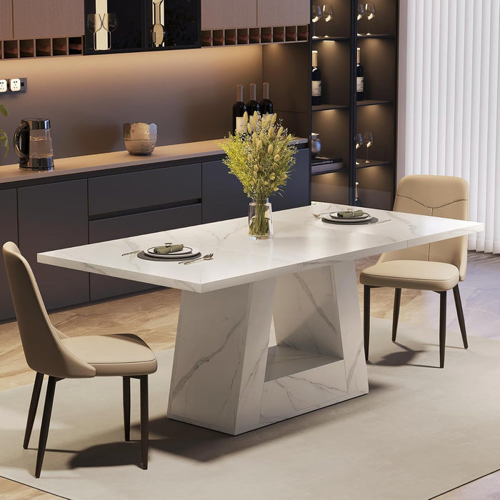 63" Modern Faux Marble Dining Table for 6, Rectangle, White | Kitchen Table, for 4-6 People, MDF, Faux Marble Finish, Heavy Duty Pedestal, for Dining Room, Kitchen, Living Room, White