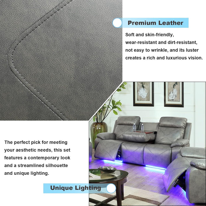 Power Leather Recliner Sofa Sets, 2 Pieces Living Room Furniture Sets with LED Lights, Grey Reclining Sofa Sets with USB Port for House/Office/Rv(A-Grey, Sofa+Loveseat)