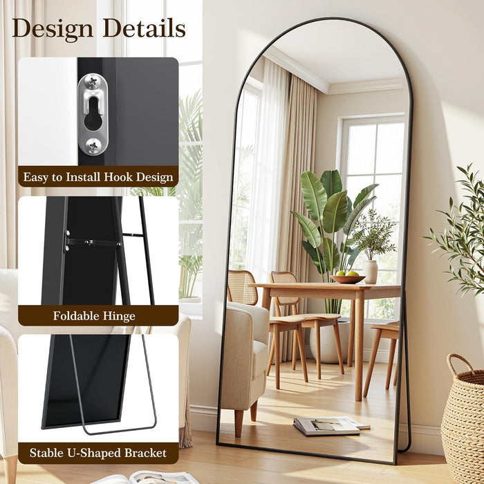 76"X34" Arched Full Length Mirror with Stand, Free Standing Leaning Wall Mounted Aluminum Alloy Frame Mirror for Bedroom Living Room Cloakroom, Black