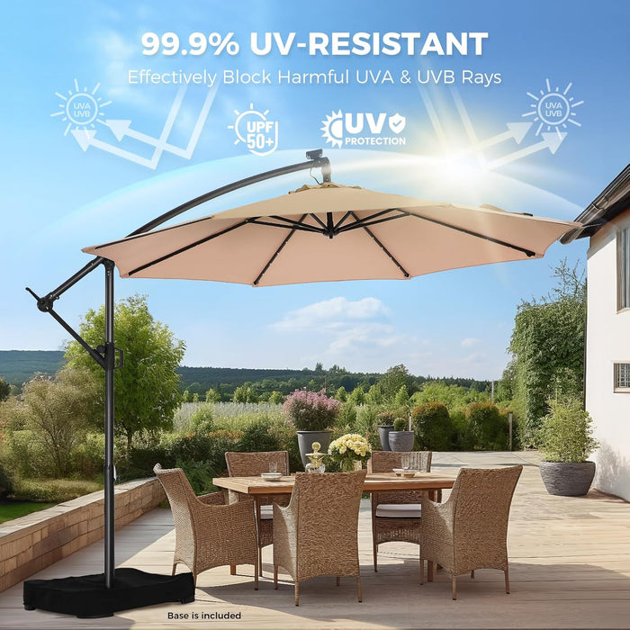 10Ft Solar LED Cantilever Patio Umbrella with Base Included, Premium 220GSM Solution-Dyed Fabric, 5-Year Fade-Resistant, 30 MPH Windproof, 45° Infinite Tilt and Crank for Outdoor Pool (Beige)