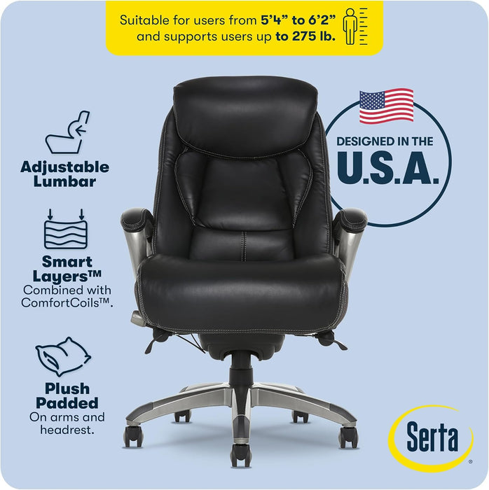 Lautner Executive Home Office Desk Chair, Ergonomic High-Back with Adjustable Lumbar & Body Pillows, Smartlayers and Comfortcoils Technology, Mesh and Bonded Leather, Black/ Gray