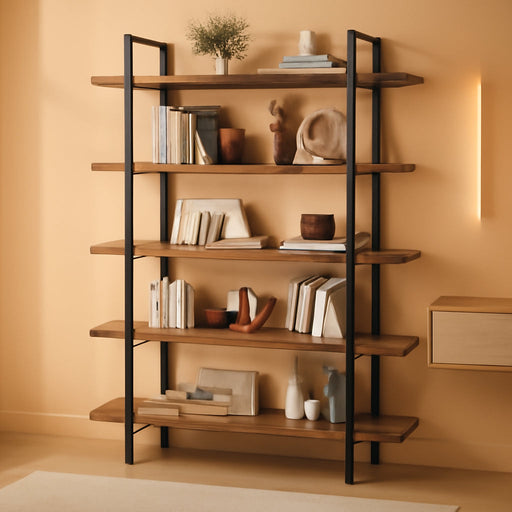 Heavy Duty 5 Tier Industrial Bookcase for Home Office, Rustic Brown | 47" Wide Wood Bookshelf,120 Lbs Shelf Capacity, Rustic Open Shelving Display,3Cm Upgraded Thicken Board,Easy to Assemble