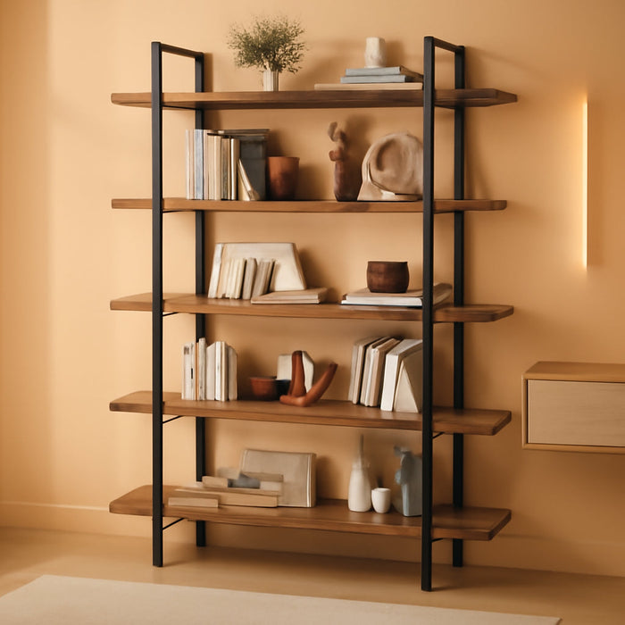 Heavy Duty 5 Tier Industrial Bookcase for Home Office, Rustic Brown | 47" Wide Wood Bookshelf,120 Lbs Shelf Capacity, Rustic Open Shelving Display,3Cm Upgraded Thicken Board,Easy to Assemble