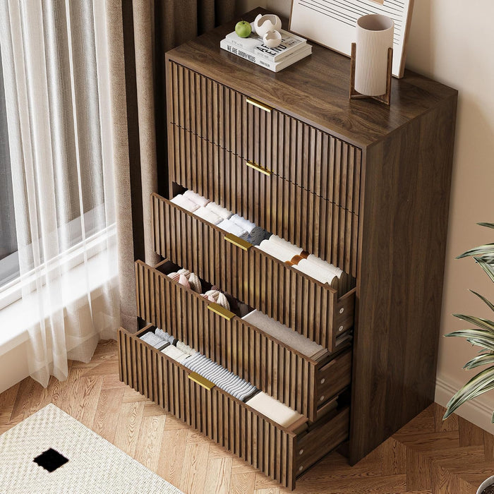 47" Tall Fluted 5-Drawer Dresser for Bedroom, Walnut