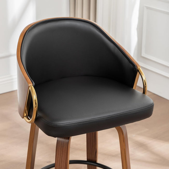 26" Swivel Counter Height Barstools Set of 2, Black Leather Bar Stools Mid Century Modern Bar Chairs with Wood Legs and Golden Arms for Kitchen Dining Pub Cafe